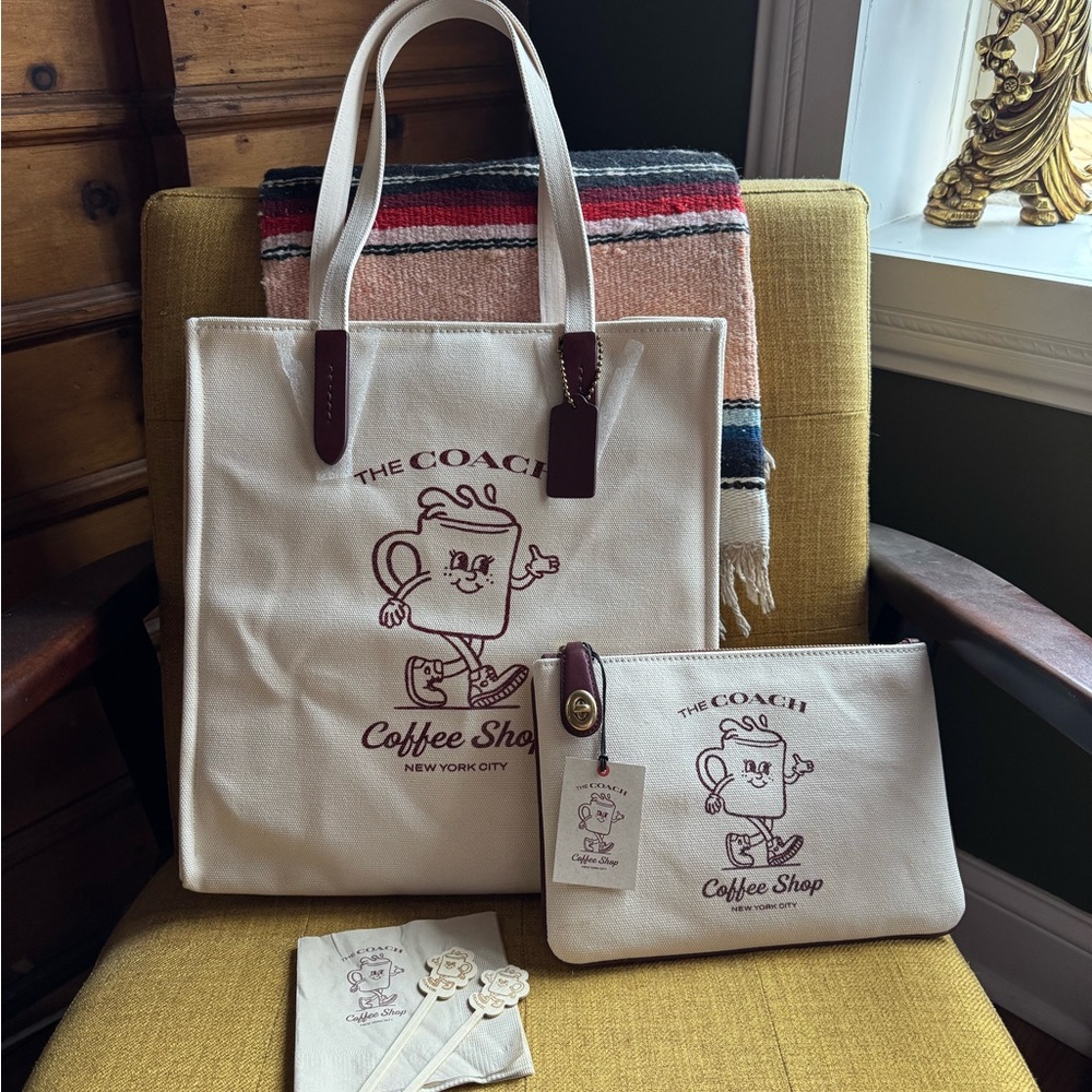 Exclusive Coach Coffee canvas tote and matching pouch, new with tags
